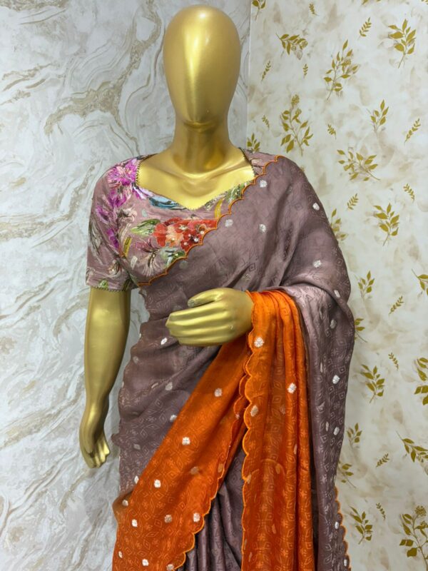 Beautiful satin banaras dual shade saree with floral sequin work blouse