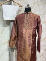 Pure tissue men's kurta with heavy maggam work paired with cream colour pijama