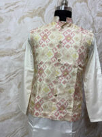 Designer men’s soft pattu kurta with patola silk over coat paired with self colour pijama
