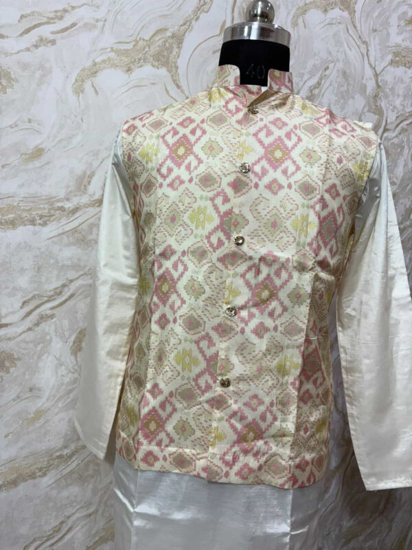 Designer men’s soft pattu kurta with patola silk over coat paired with self colour pijama