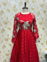 Pure chinnon long gown with floral yoke part and heavy flare