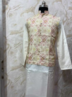 Designer men’s soft pattu kurta with patola silk over coat paired with self colour pijama