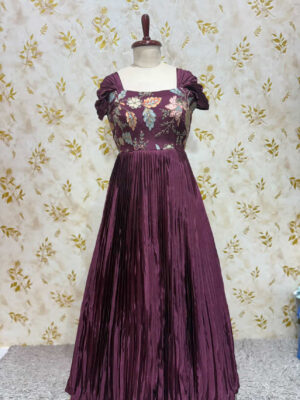 Exclusive designer long gown with floral yoke part