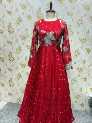 Pure chinnon long gown with floral yoke part and heavy flare