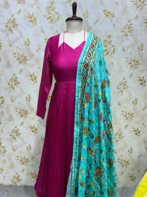 Pure mul chanderi long gown with dupatta