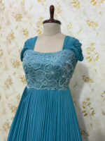 Georgette long gown with heavy flare & floral bead work on yoke part