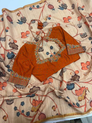 Exclusive lenin silk kalamkari saree paired with beautiful maggam work blouse