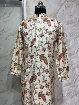 Designer kalamkari kurta paired with cream colour pijama