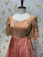 Hand work tissue long gown with heavy flare
