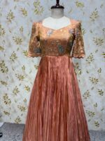 Hand work tissue long gown with heavy flare