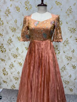 Hand work tissue long gown with heavy flare