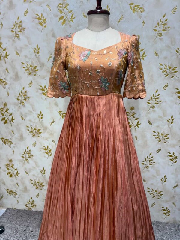 Hand work tissue long gown with heavy flare