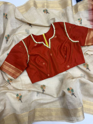 Soft lenin jamdhani saree with maggam work blouse