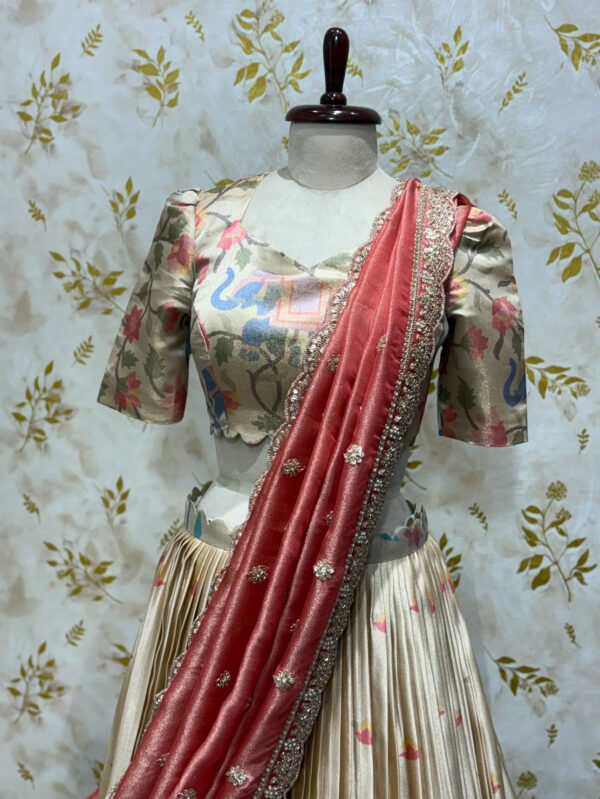 Exclusive premium quality tissue jamdhani lehenga paired with exclusive hand work dupatta