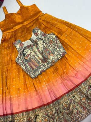 Pure soft silk sleeveless frock with beautiful kalamkari over coat