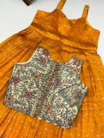 Pure soft silk sleeveless frock with beautiful kalamkari over coat