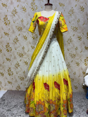 Georgette floral lehenga set with hand work dupatta for haldi