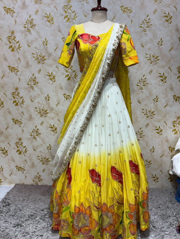 Georgette floral lehenga set with hand work dupatta for haldi