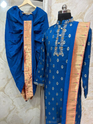 Semi pattu kurta & dhoti set with paithani border and maggam work on collar placket & hand border
