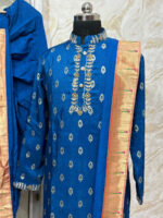 Semi pattu kurta & dhoti set with paithani border and maggam work on collar placket & hand border
