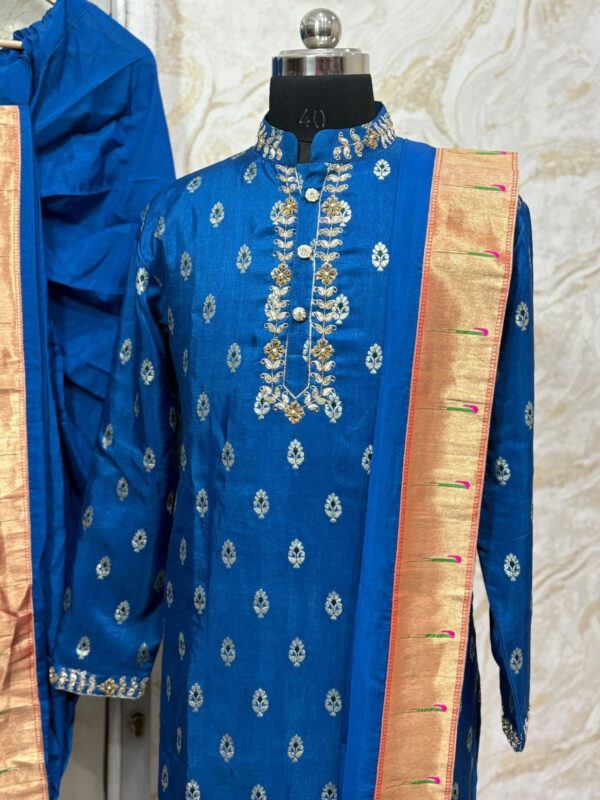 Semi pattu kurta & dhoti set with paithani border and maggam work on collar placket & hand border