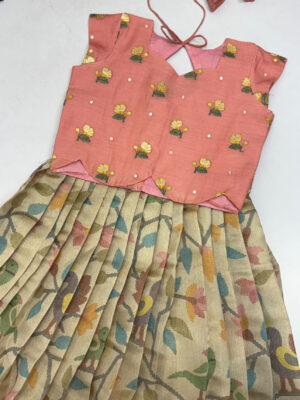 Exclusive designer jamdhani tissue kid dress with beautiful embroidery work over coat
