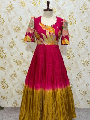 Beautiful floral long gown with scallop neck & sleeves