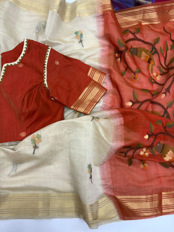 Soft lenin jamdhani saree with maggam work blouse