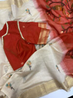 Soft lenin jamdhani saree with maggam work blouse