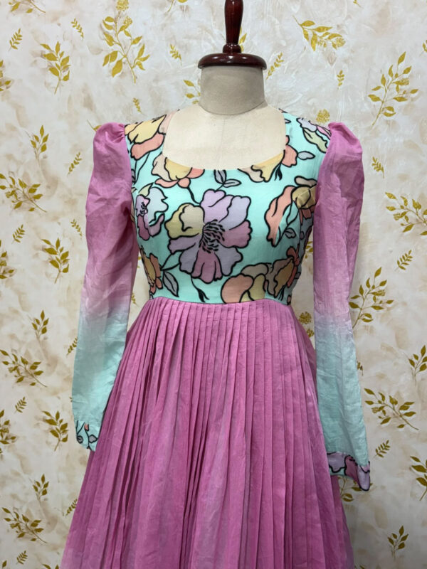 Exclusive embroidery work mul chanderi long gown