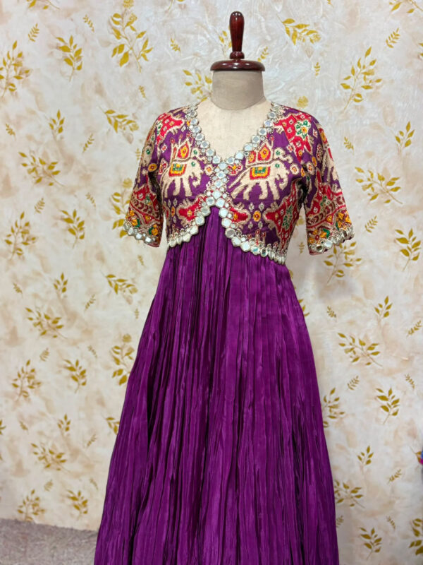 Crepe silk patola with mirror work long gown
