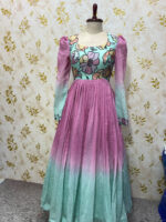 Exclusive embroidery work mul chanderi long gown