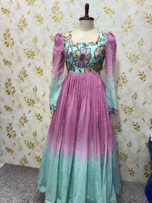 Exclusive embroidery work mul chanderi long gown