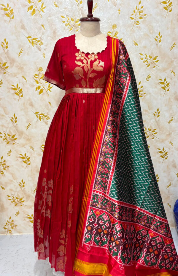 Exclusive jamdhani jute silk long gown with patola dupatta
