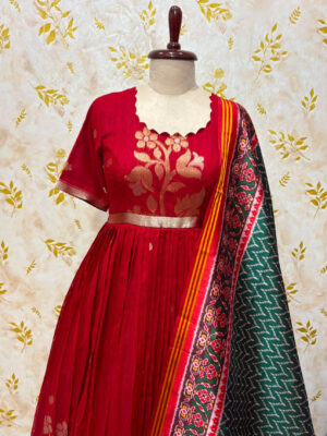 Exclusive jamdhani jute silk long gown with patola dupatta