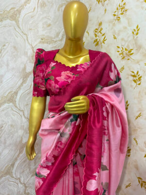 Exclusive mung crepe saree with scallop border with beautiful pattern blouse