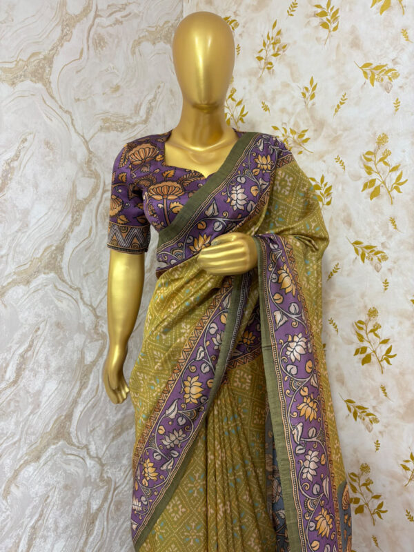 Designer patola fusion wity Kalamkari border saree paired with  beautiful bloise