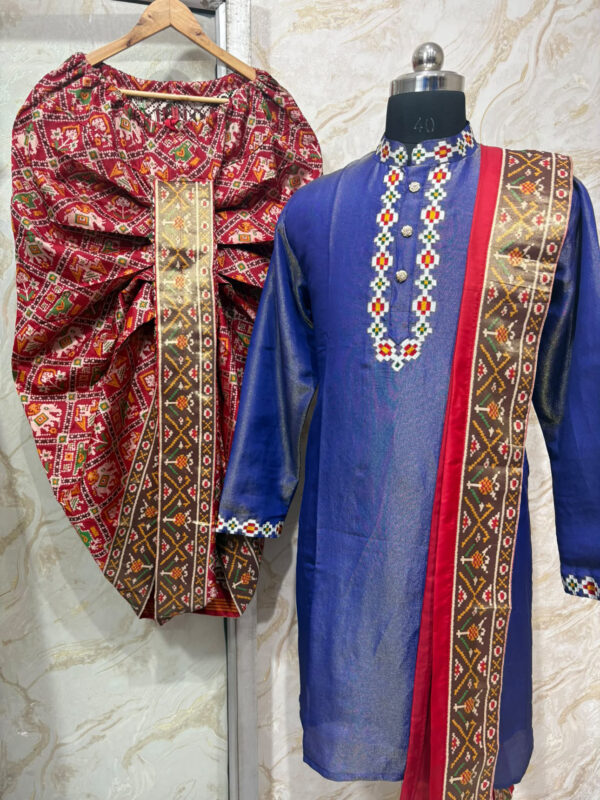 Pure tissue with thread embroidery for collar, placket & hand border with patola dhoti and kanduva