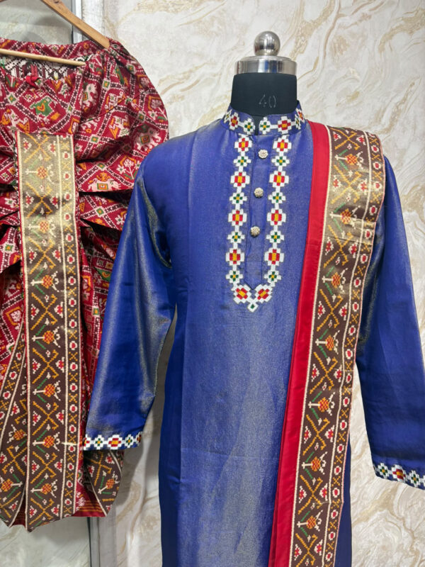Pure tissue with thread embroidery for collar, placket & hand border with patola dhoti and kanduva