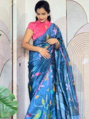 Jamdhani crepe sareewith designer blouse and scallop border for saree