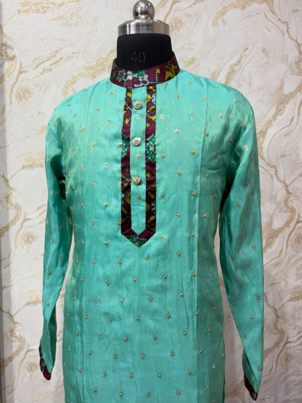 Tissue kurta with patola collar, placket & hand border with pijama