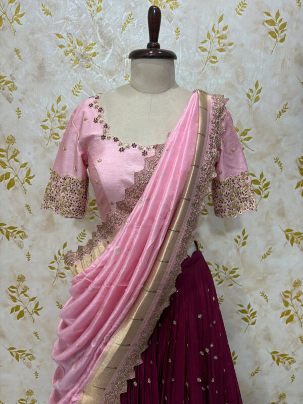 Exclusive premium quality pure chinnon sequence work lehenga  paired with maggam work blouse