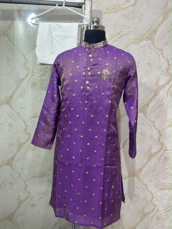 Tissue kurta with maggam work on collar and cream colour pijama