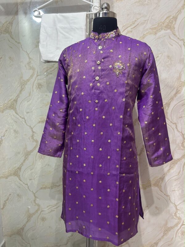 Tissue kurta with maggam work on collar and cream colour pijama