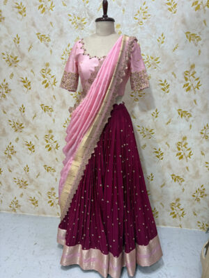 Exclusive premium quality pure chinnon sequence work lehenga paired with maggam work blouse